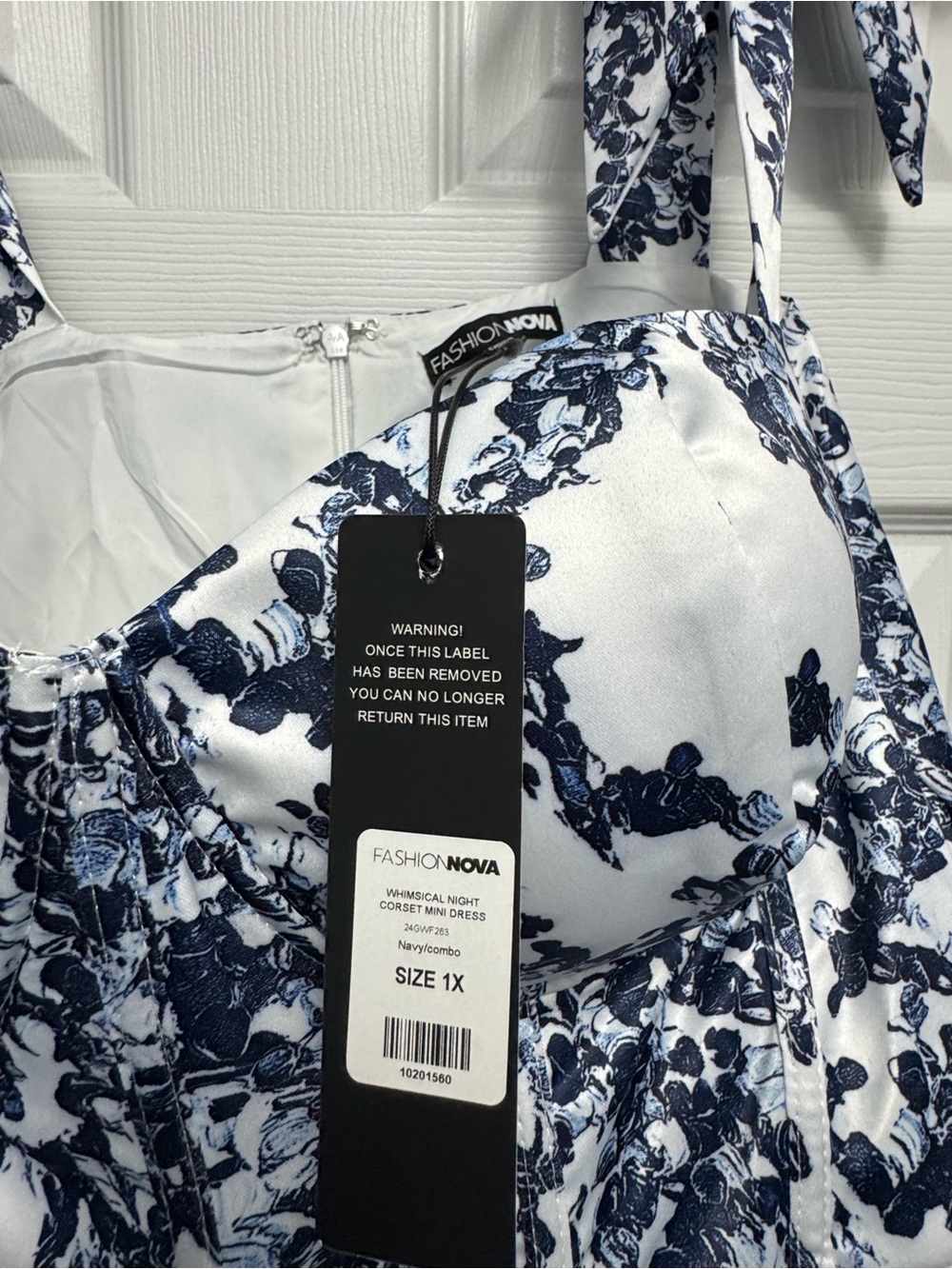 Fashion Nova White and Navy Floral Tie-Shoulder Sundress - Picture 3 of 6